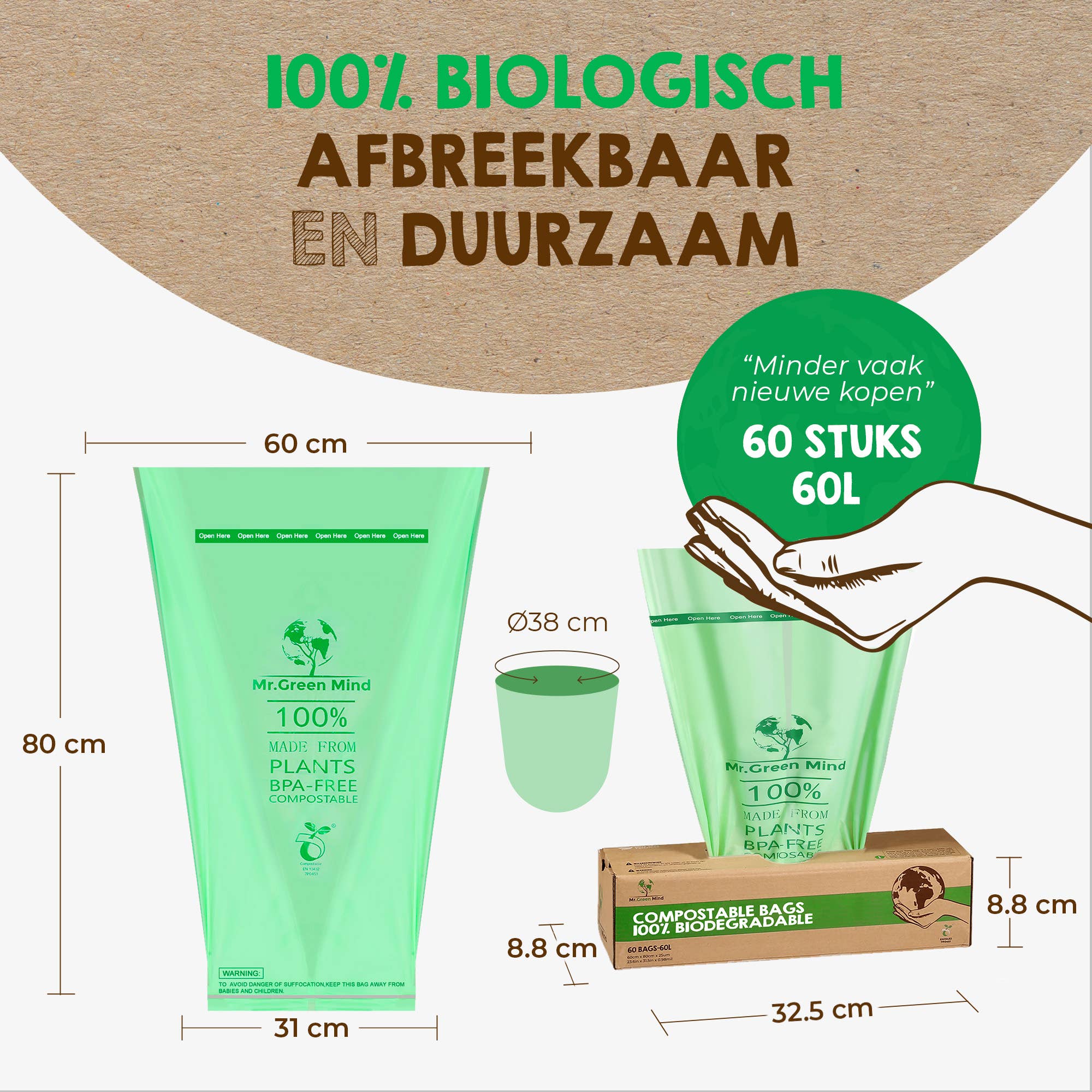 Mr. Green Mind – Engroshandel Skraldespand – 60 liter komposterbare økologiske poser, dispenser med 60 stk.1