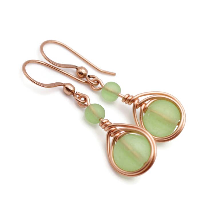 Copper and Peridot Green Sea Glass Wire Wrapped Earrings for wholesale by Pillar of Salt Studio