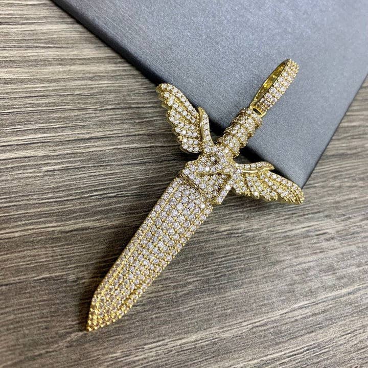 DIJU Jewelry - Wholesale - 18k Gold Filled Micro Pave Cubic Zirconia Iced Out Sword with Wings Pendant, Hip Hop, Men's Jewelry, Wholesale Jewelry Making Supplies2