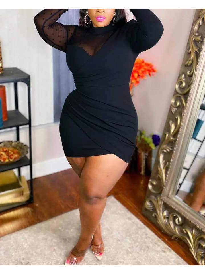 BLACK plus size contrast mesh ruched bodycon dress for wholesale on Faire