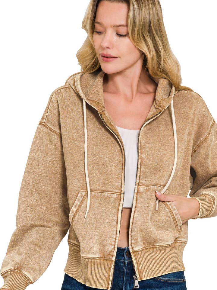 42POPS - Wholesale Hoodie – Women's - .....SI-25313 Acid Wash Fleece Cropped Zip Up Hoodie17