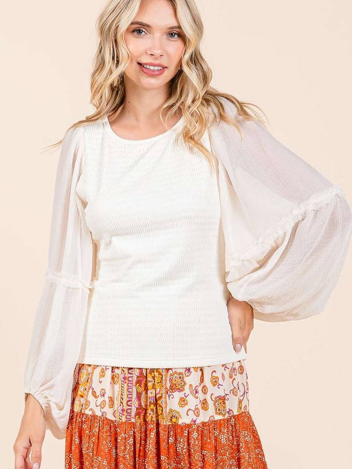 mittoshop - Wholesale Knit Top - Women's - MIXED MEDIA TEXTURED KNIT CHIFFON LONG SLEEVE TOP9