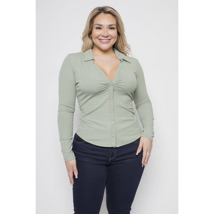 PLUS SIZE COLLARED BUTTON DOWN KNIT TOP for wholesale by Curve Market