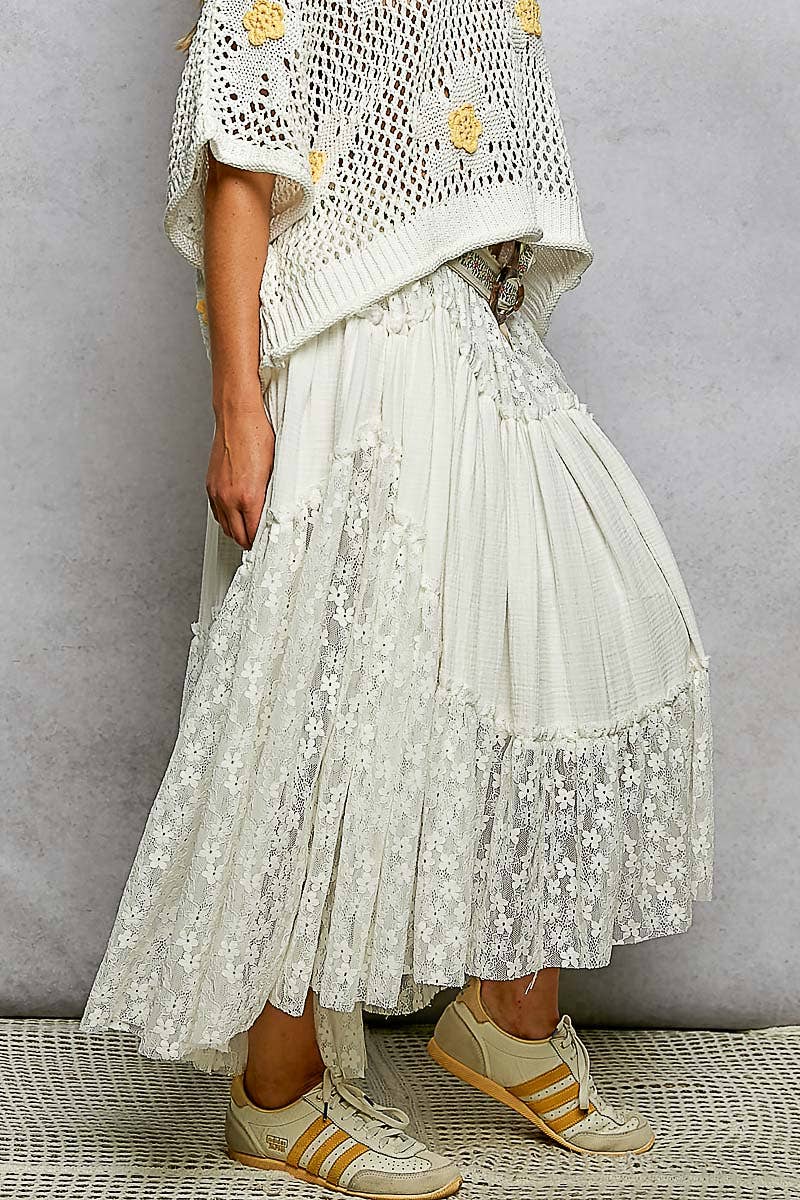 Pol Clothing - Wholesale Skirt - Women's - Double gauze raw edge lace patch solid maxi skirts12