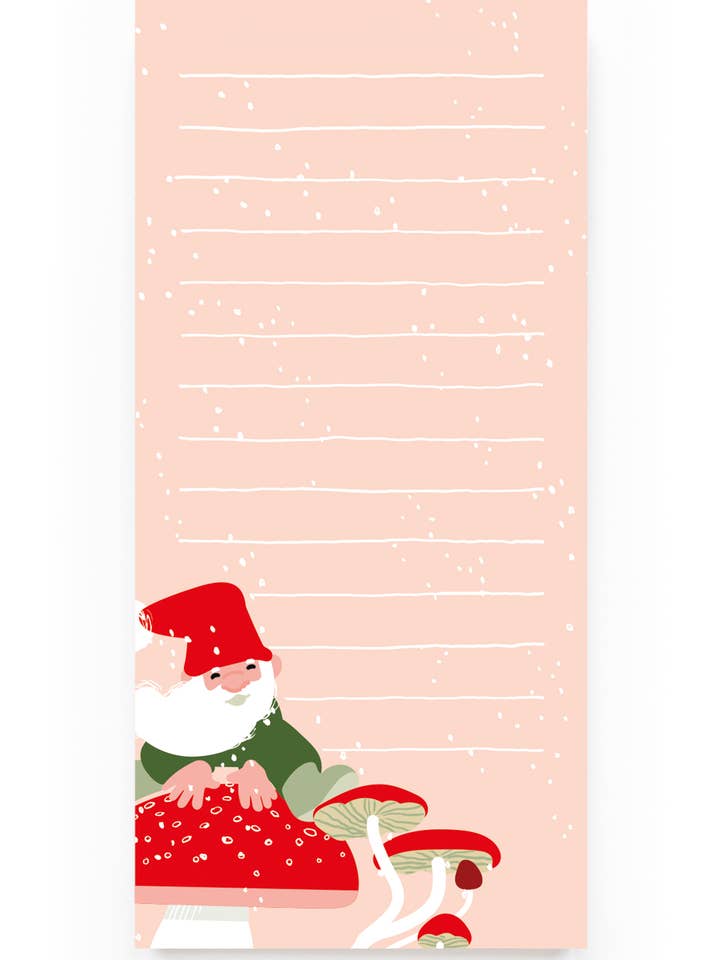 Christas gnome jumping over mushroom list pad for wholesale by Noi Publishing