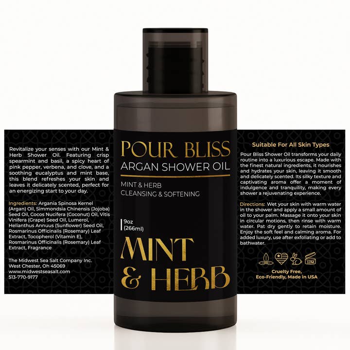 The Midwest Sea Salt Company - Wholesale Body wash/shower gel - Mint & Herb Argan Shower Oil with Premium Fragrance - 9oz3