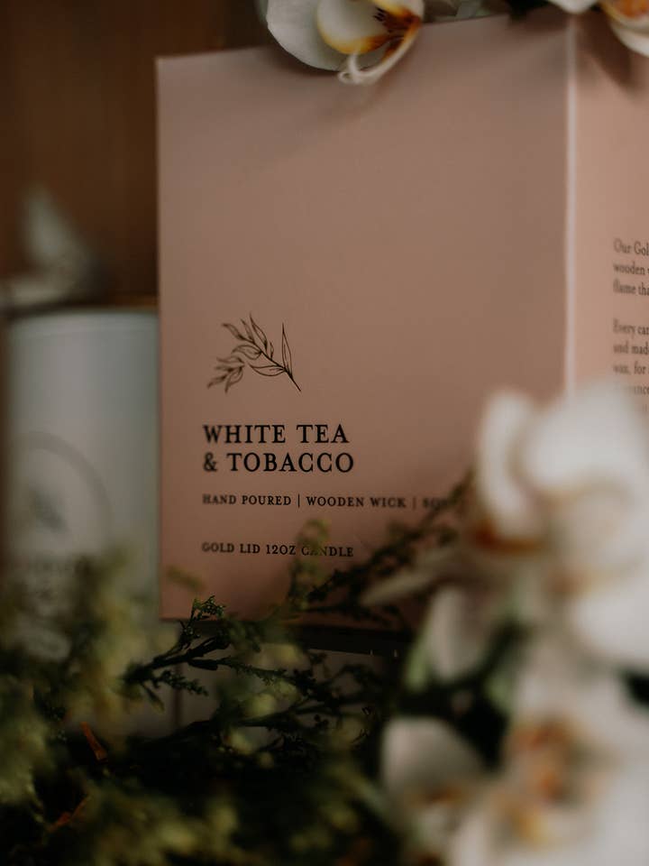 White Tea & Tobacco l Gold Lid Candle & Boutique Box for wholesale by Woodsy Homelife