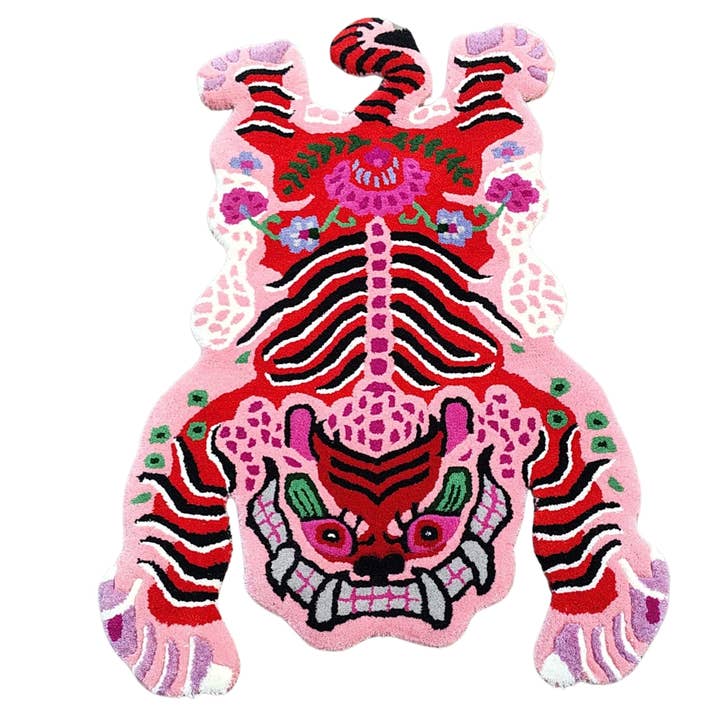Alfombra de lana anudada a mano Chinoiserie con tigre tibetano rosa para venta al por mayor de Maia Homes