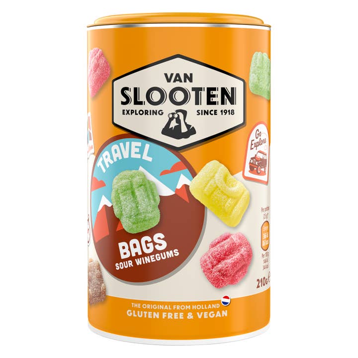 Van Slooten Travel Bags Sour Winegums 210g x12 for wholesale by Van Slooten