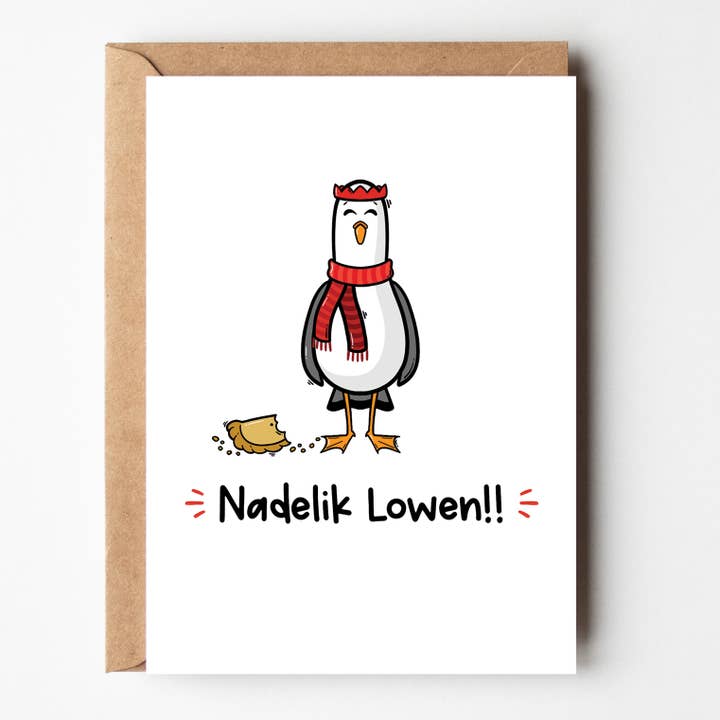 Seagull & Cornish Pasty Christmas Card - Nadelik Lowen for wholesale by The Laughing Sloth