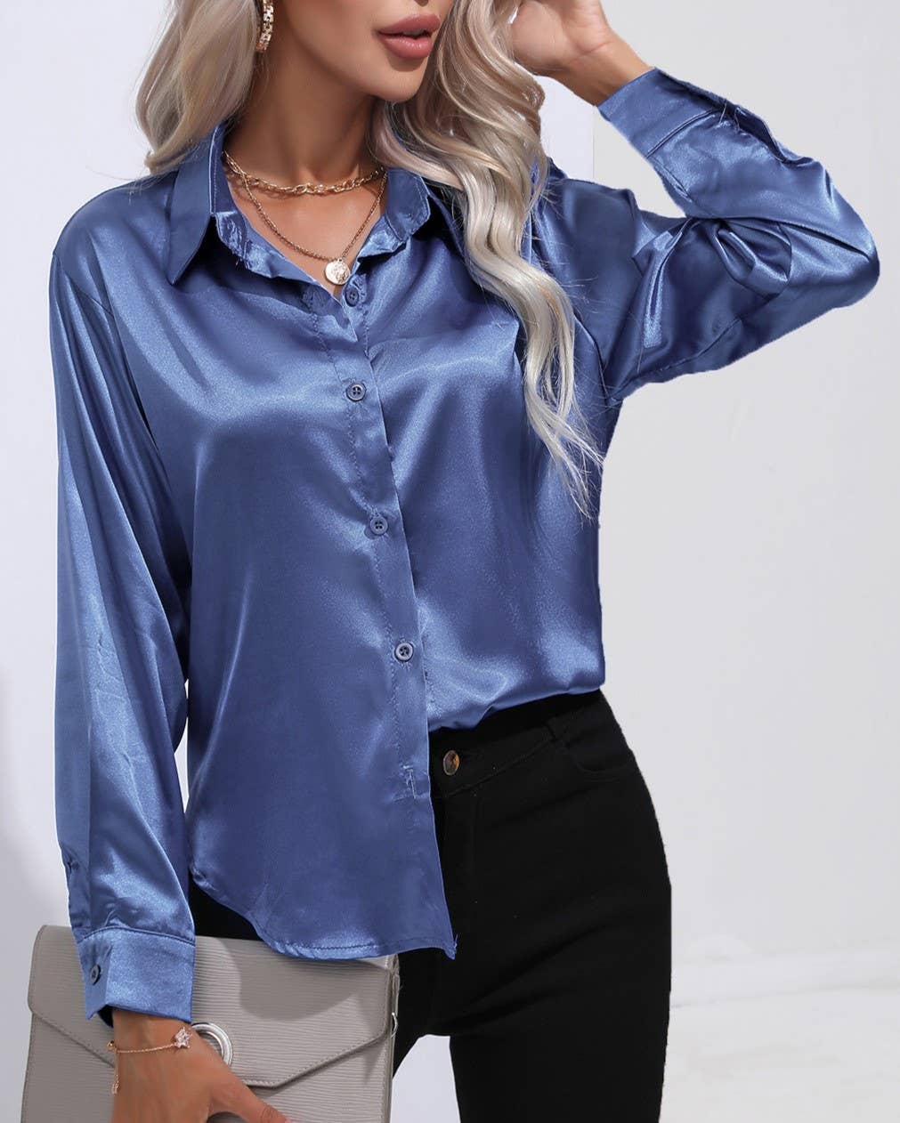 HIDDENBRAND - Wholesale Button Down Shirt - Women's - Satin Faux Silk Long-Sleeved Shirt33