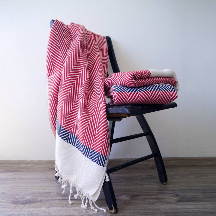 Handwoven Cotton Throw - Red with navy striped for wholesale by Living Roots