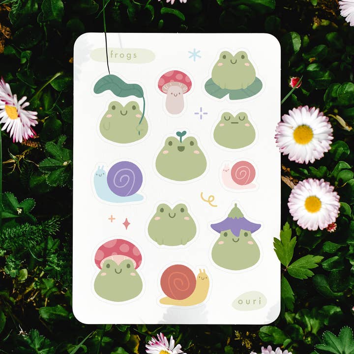 Frogs Sticker Sheet - Cute Cottagecore Stickers for wholesale by Ouri Studio