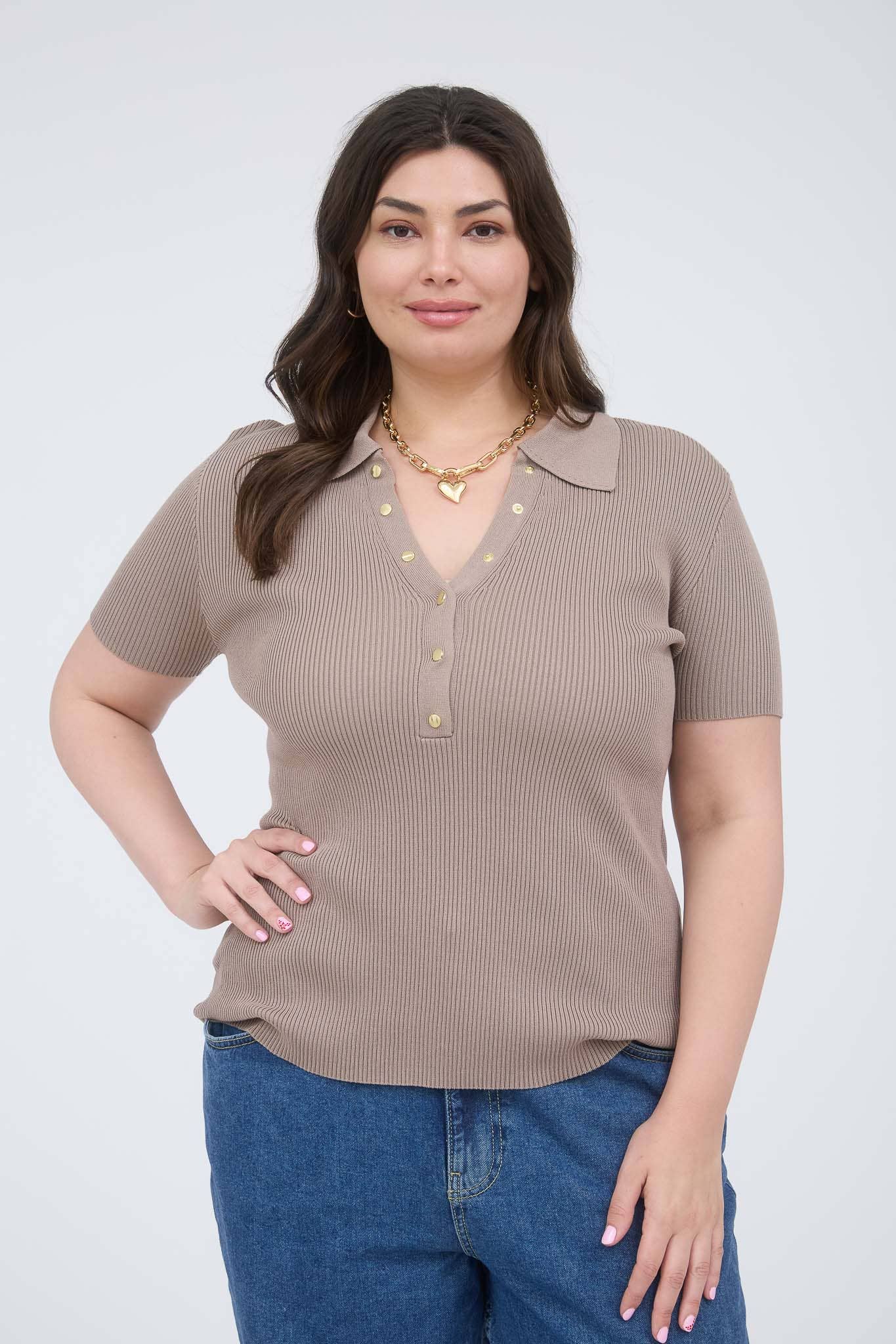 The Workshop Studio - Wholesale Knit Top - Women's - PLUS GOLD SNAP BUTTON SWEATER KNIT POLO21