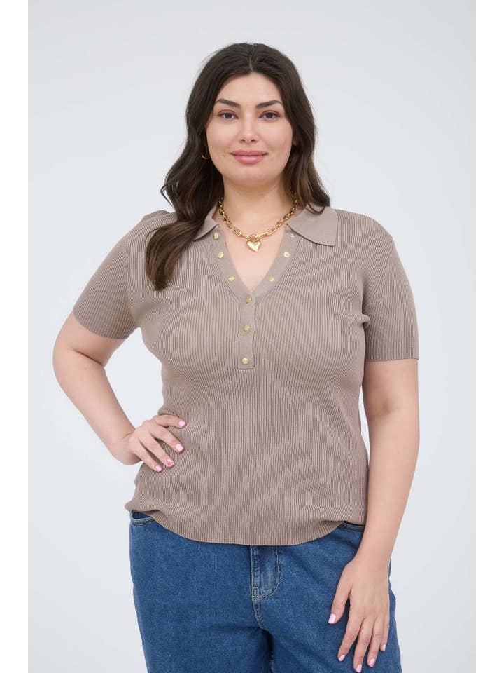 The Workshop Studio - Wholesale Knit Top - Women's - PLUS GOLD SNAP BUTTON SWEATER KNIT POLO21