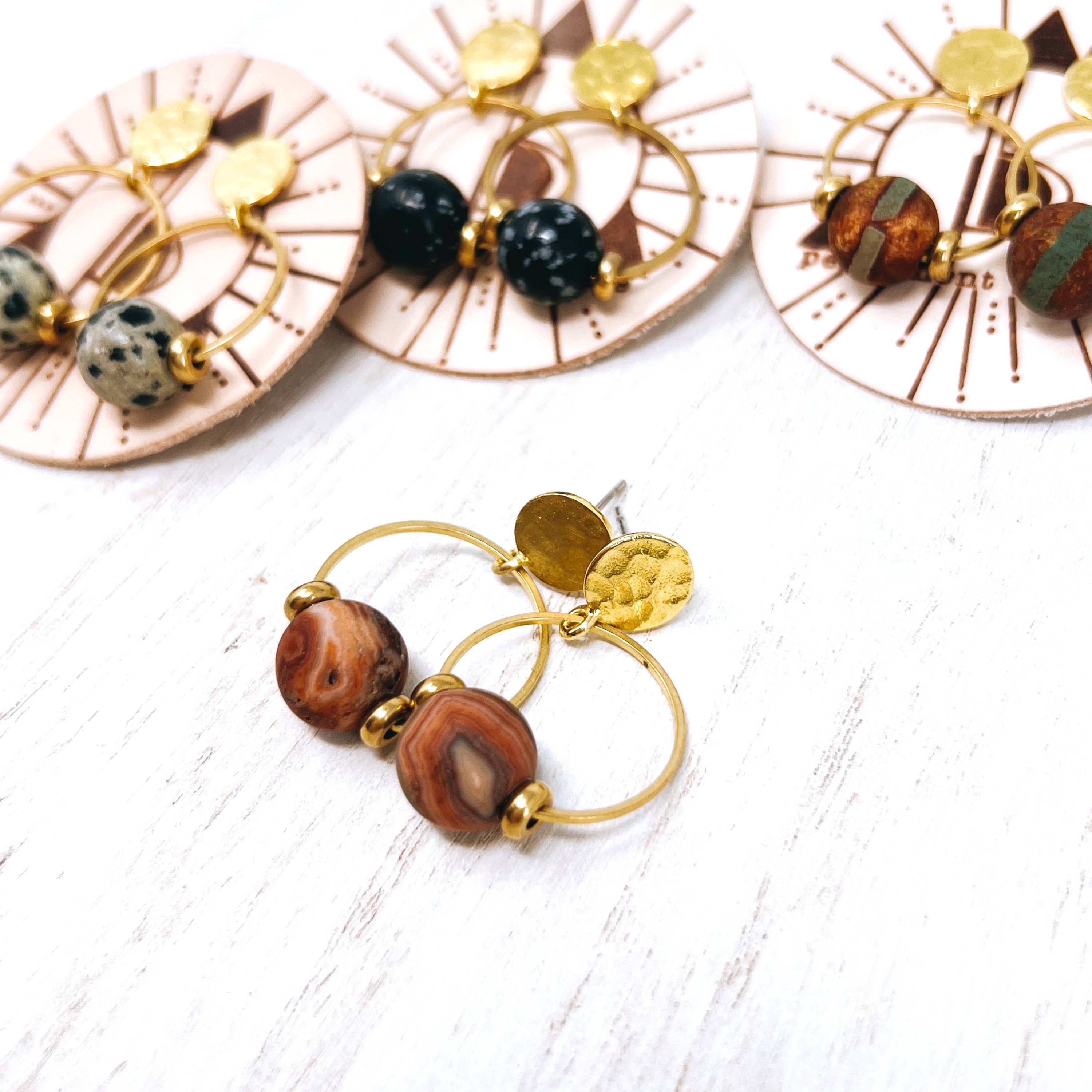 Permanent Baggage - Wholesale Dangle Earrings - Small Brass Post Earring With Hoop & Semi-Precious Stones13