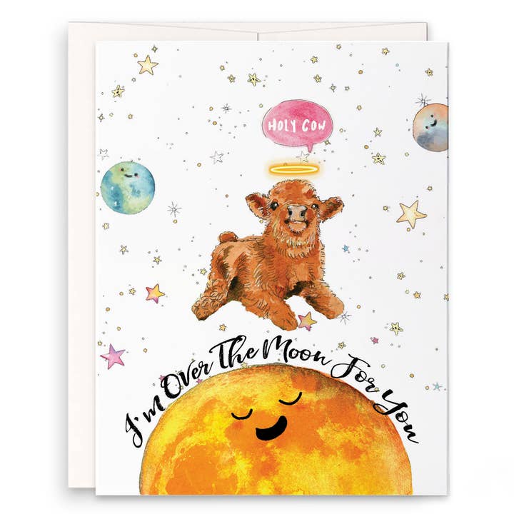 Tarjeta de felicitación divertida de Holy Cow Over The Moon para venta al por mayor de Liyana Studio