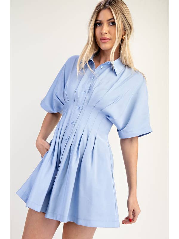 Glam - Wholesale Dress - Women's - Collar Neck Waist Pleated Mini Dress