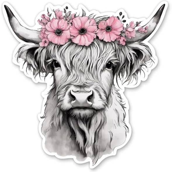 Autocollant Pastel Highland Vache avec fleurs pour la vente par Lyrical River Designs
