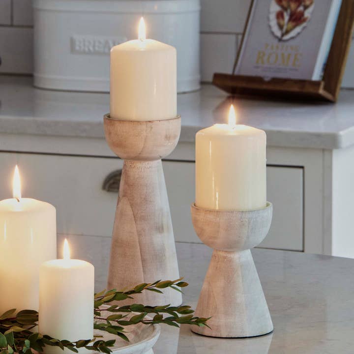 Ivyline Padstow White Wash Wooden Candle Holders, 2 Pack for wholesale by Ivyline