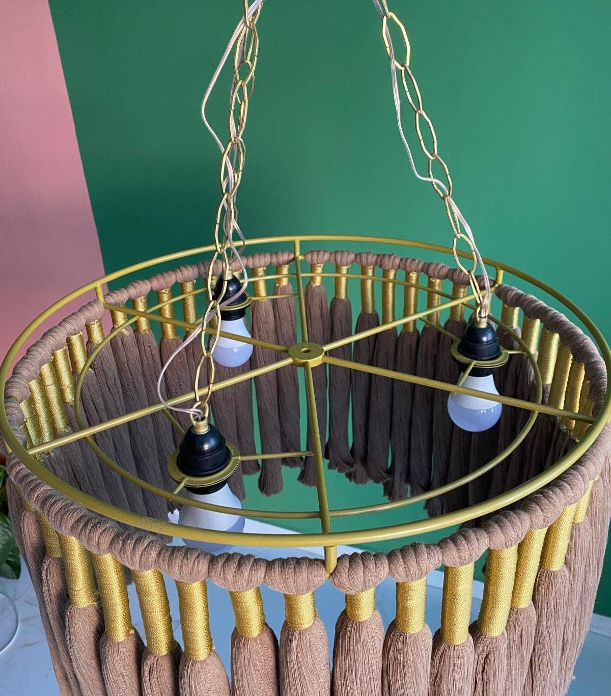 Joy's Arts - Wholesale Chandelier/Hanging Light - Boho Cotton Fringe Chandelier - Macrame Pendant Light, Nursery & Living Room Ceiling Lamp, Gold Accents5