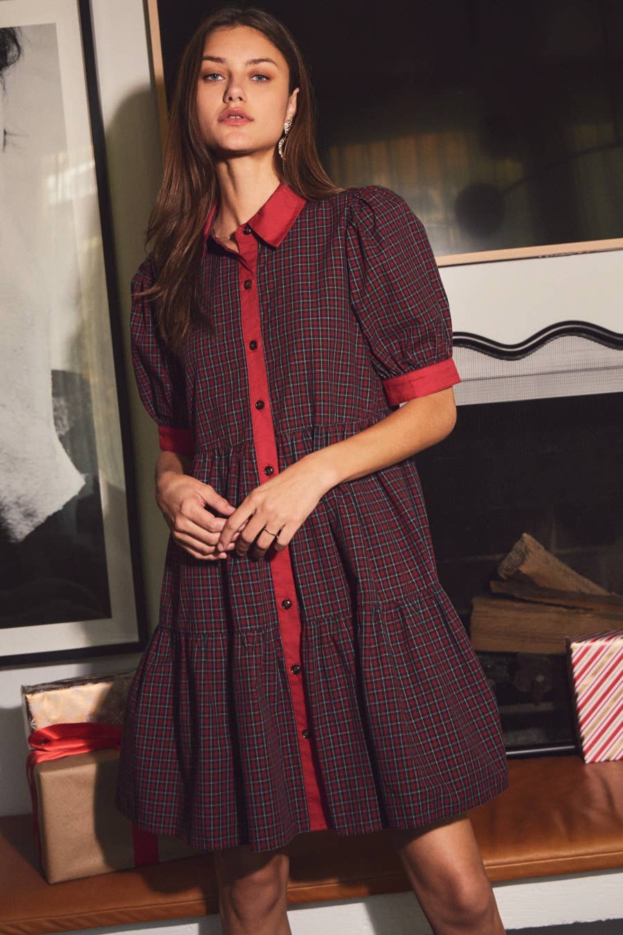 Oddi - Vente Robe – femme - Robe babydoll à carreaux avec boutons devant6