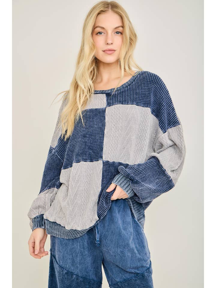 J.Her - Wholesale Knit Sweater - Women's - Mineral Washed Fall Winter Boho block Sweather Top HT679112