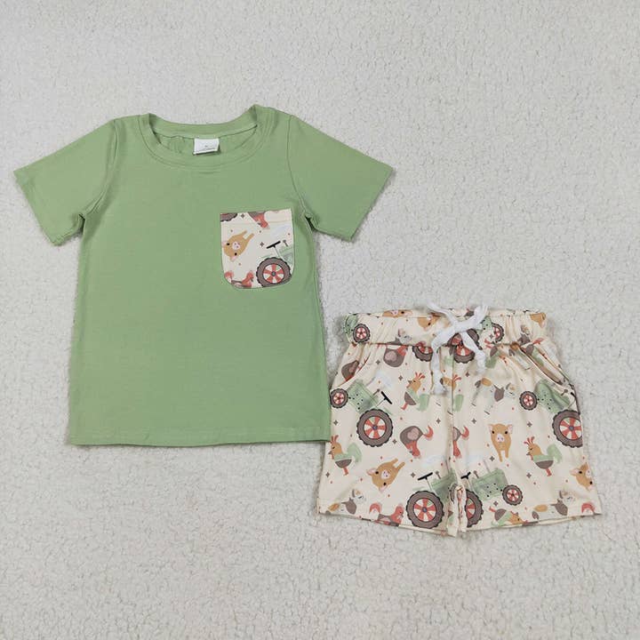 Baby Boys Pocket Top Chicks Pigs Short Farm Sets for wholesale by Aier Wholesale