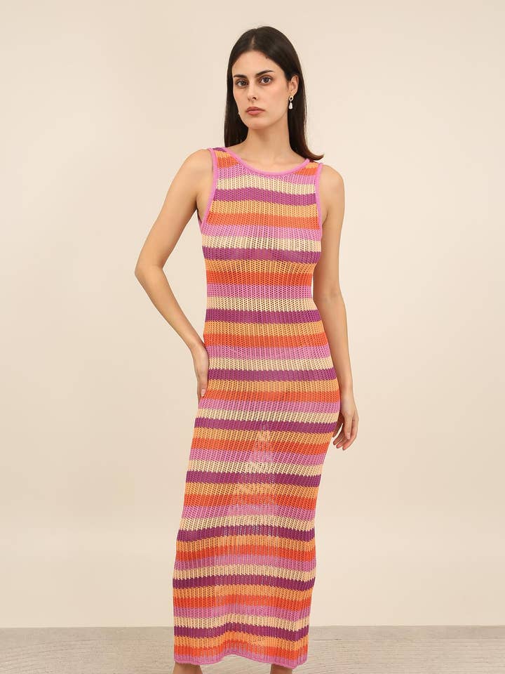 Lång Randig Stickad Ryggfri Klänning - A1598 för wholesale av Daphnea