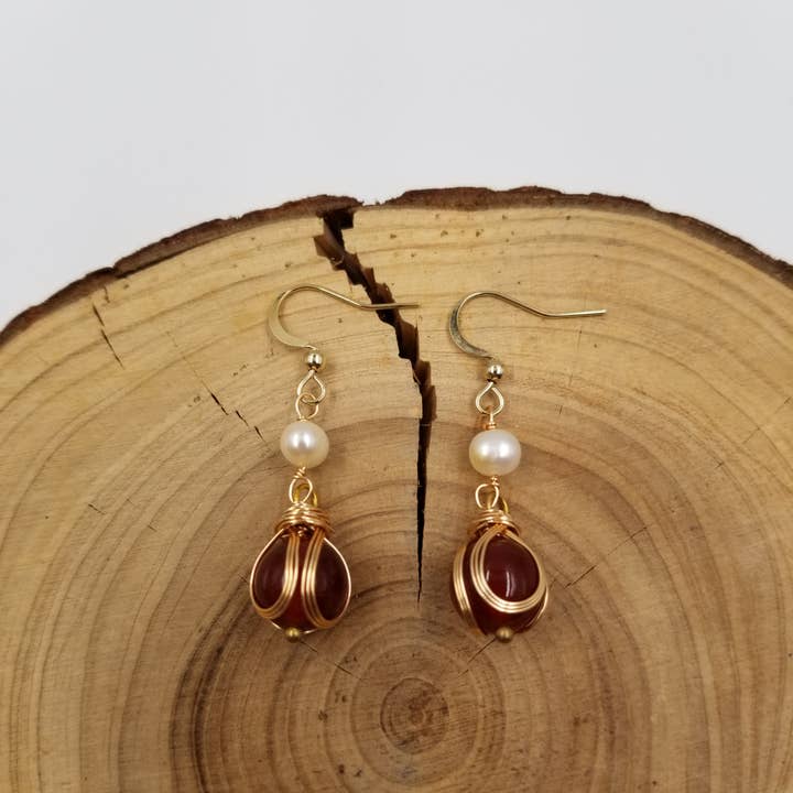 CHAKRA JEWELRY - Wholesale Dangle Earrings - Hand Wound Natural Red Agate Freshwater Pearls Earrings -14k1