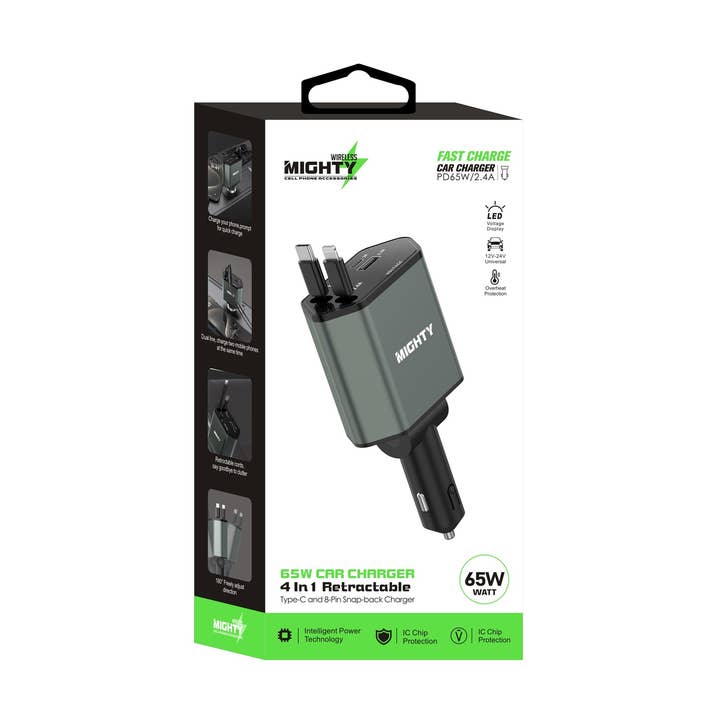 Mighty 65W Fast Charging Retractable 4 In1 Car Charger MK151 for wholesale by Mighty Wireless