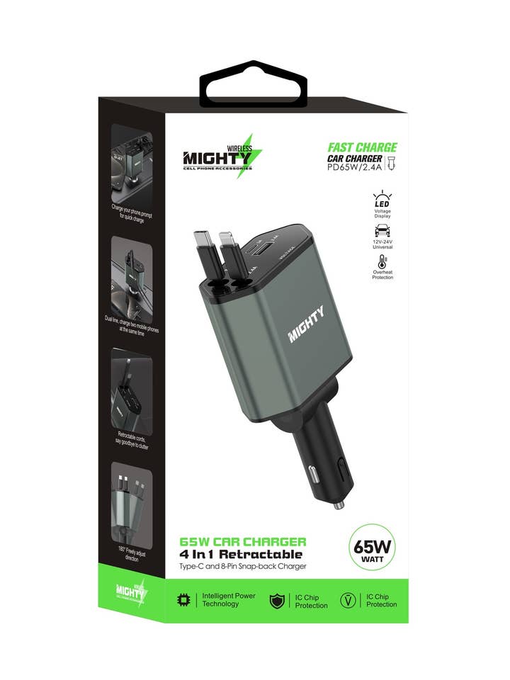 Cargador de Coche Retráctil 4 en 1 de Carga Rápida de 65W MK151 Poderoso para venta al por mayor de Mighty Wireless