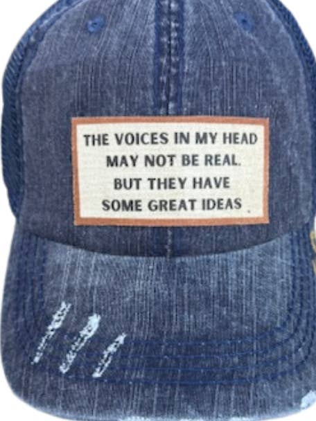 (60) )"THE VOICES IN MY HEAD" DISTRESSED TRUCKER HAT for wholesale by Jana's Flannels