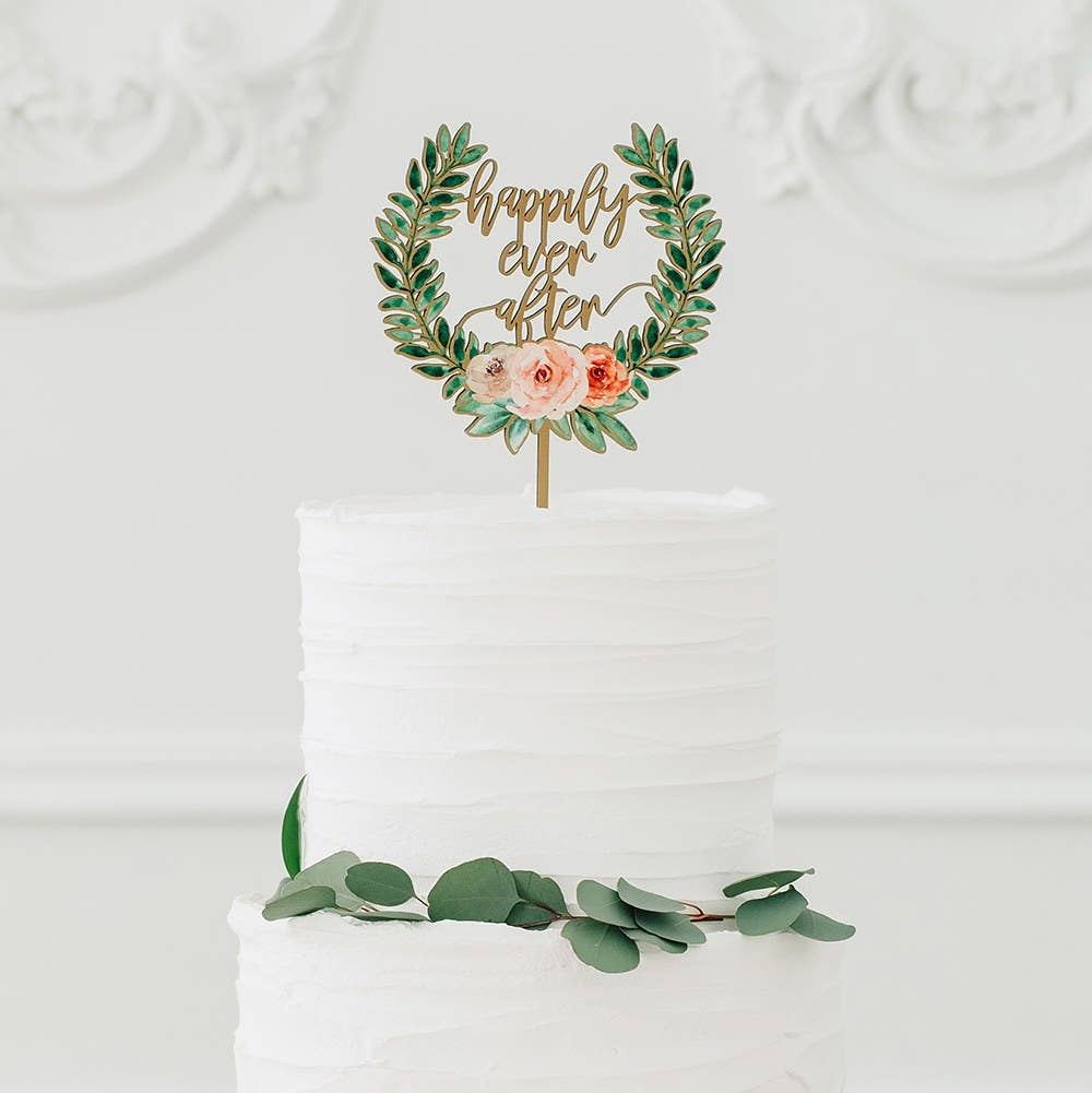 Weddingstar Inc. - Wholesale Cake/Cupcake Topper - Natural Wood Cake Topper - Floral Happily Ever After1