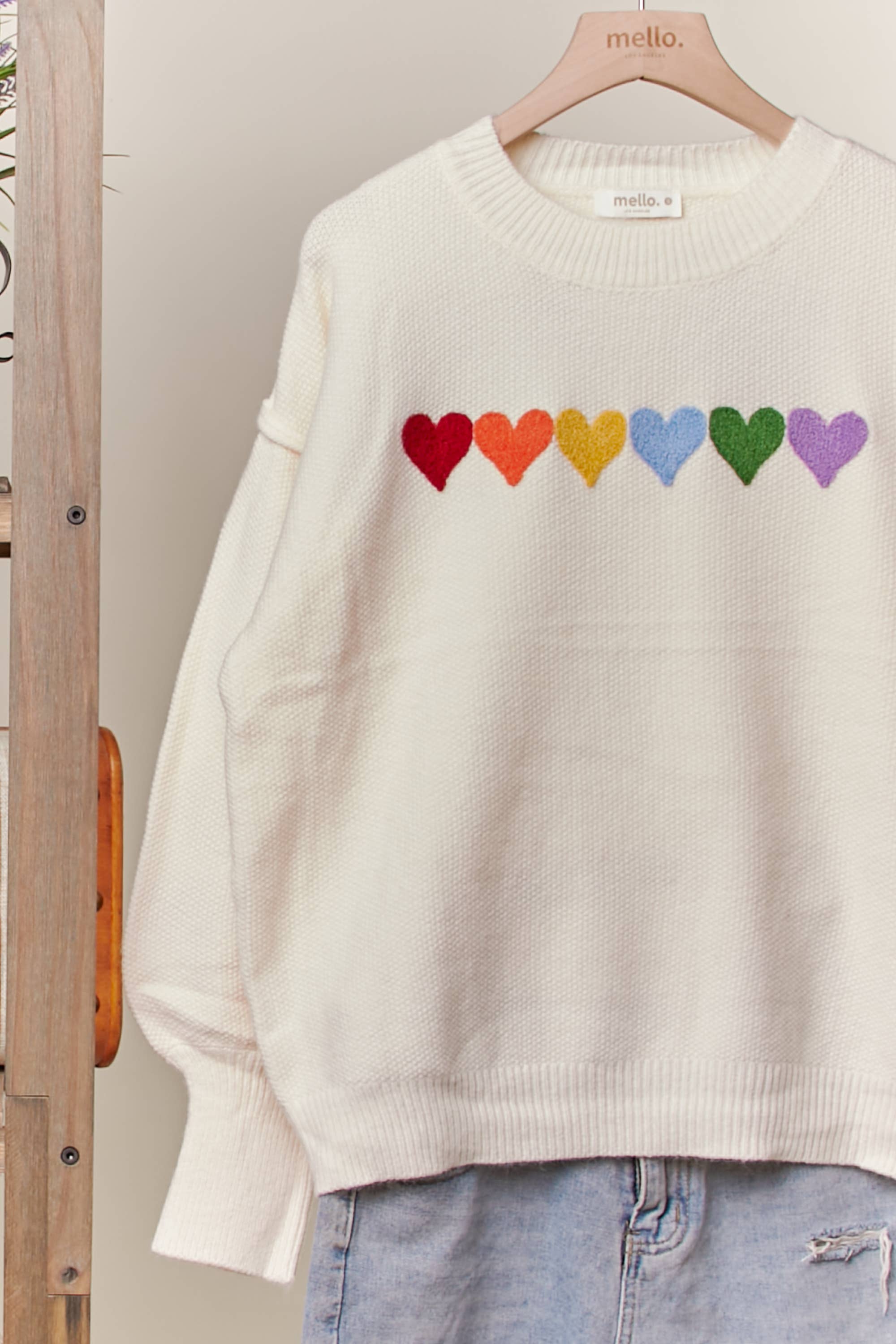 Ivory Multi Rainbow Heart Shaped Patch Sweater for wholesale on Faire5