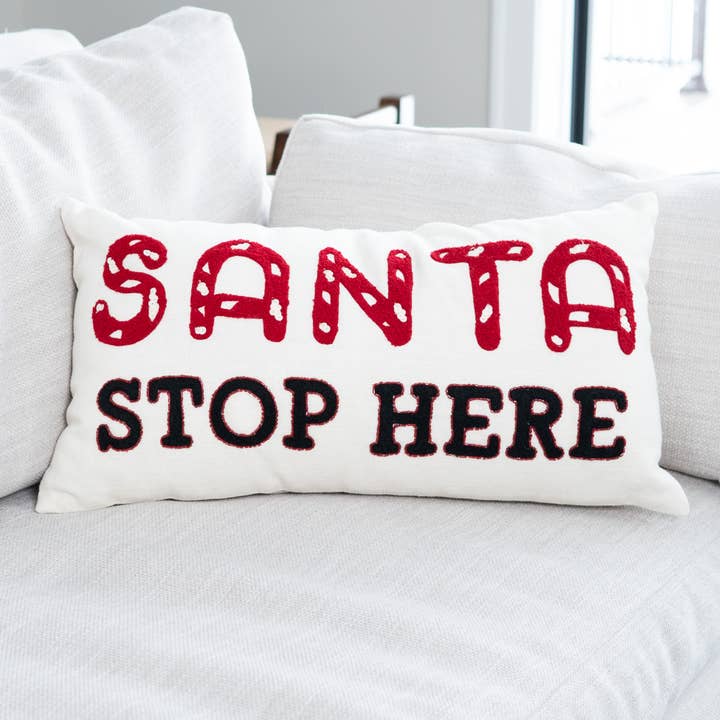 Christmas 12"x22" Santa Stop Here Embroidered Lumbar Pillow for wholesale by Elsie & Zoey