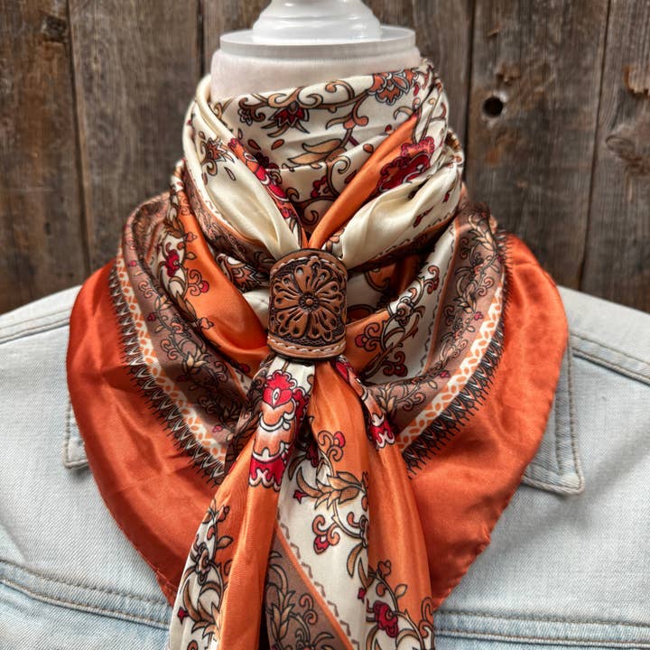 Rodeo Drive - Wholesale Scarf - Unisex - 35X35" Burnt Orange & Tan Paisley Wild Rag / Scarf - Tooled Leather Wild Rag Slides - Assorted