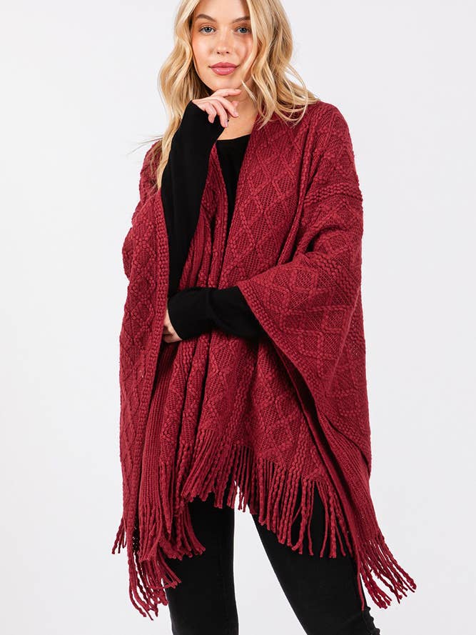 Hana – wholesale Cardigan – Women’s – Diamond Pattern Tassel Knit Ruana Winter Cardigan25