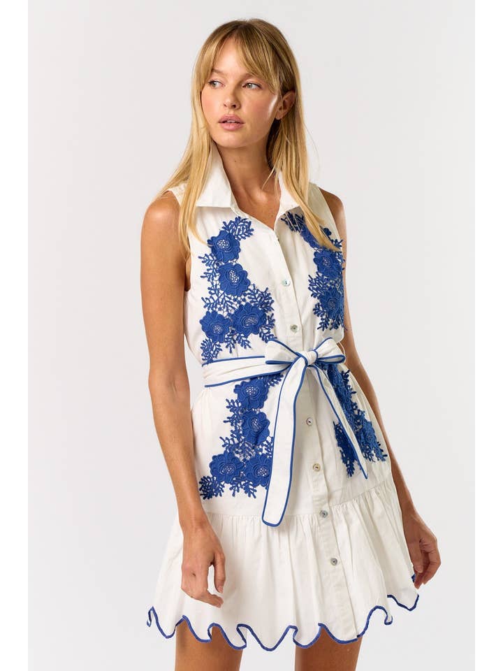 OFF WHITE BLUE ILD5195 EMBROIDERED COLLAR BUTTON DOWN MINI DRESS for wholesale on Faire
