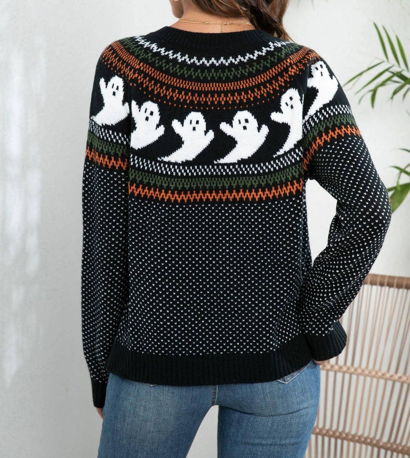 Black Halloween Ghost Pattern Button Front Knit Cardigan for wholesale on Faire6