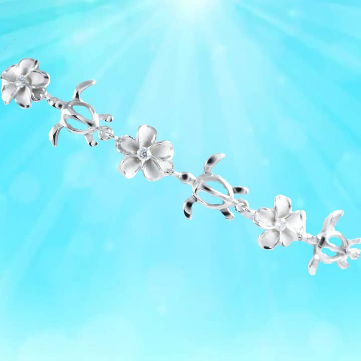 Bracelet de cheville réglable avec tortue de mer hawaïenne et plumeria, bracelet de cheville en argent sterling avec tortue et plumeria CZ, cadeau de Noël pour maman anniversaire. pour la vente par Paradise Treasures Jewelry