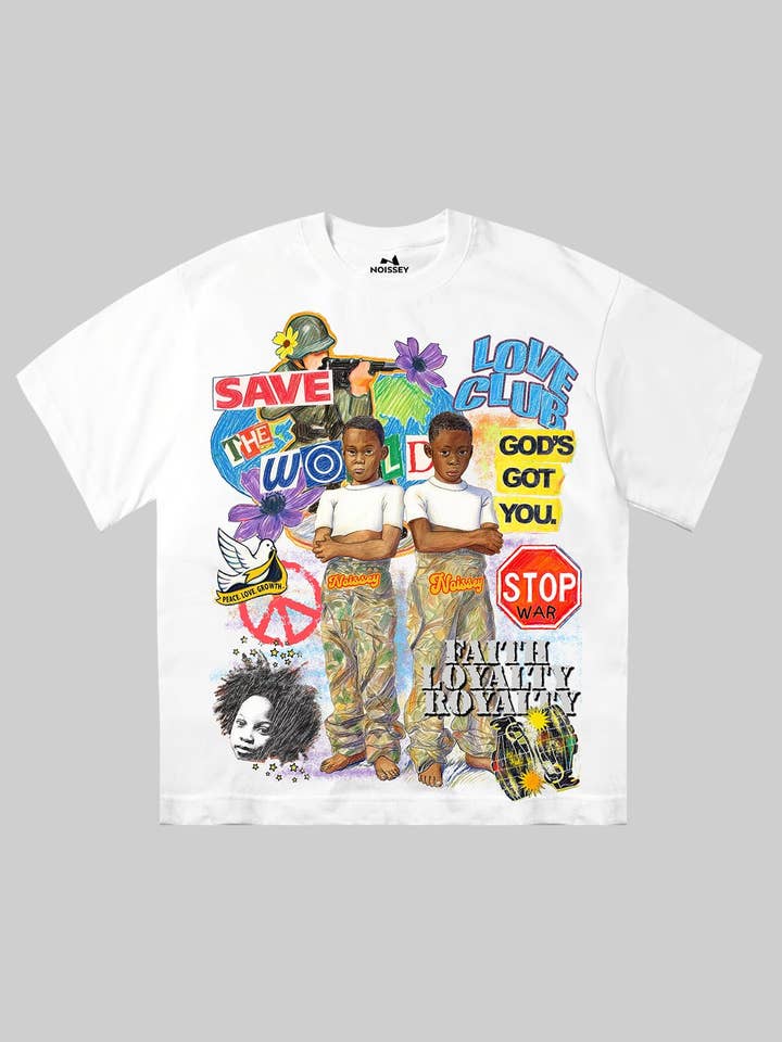 NOISSEY "Save The World" Peace Collage T-Shirt - Stop War & Faith Loyalty Graffiti Graphic Tee for wholesale by NOISSEY