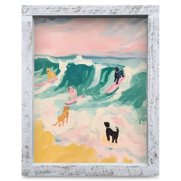 Chiens surfeurs | Impression d'art mural encadrée en bois véritable pour la vente par Mill Wood Art