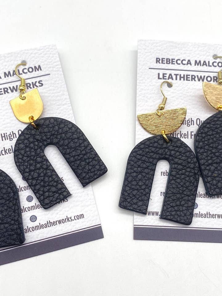 Black Leather Boho Dangle Earrings with Brass Accent for wholesale by Rebecca Malcom LeatherWorks