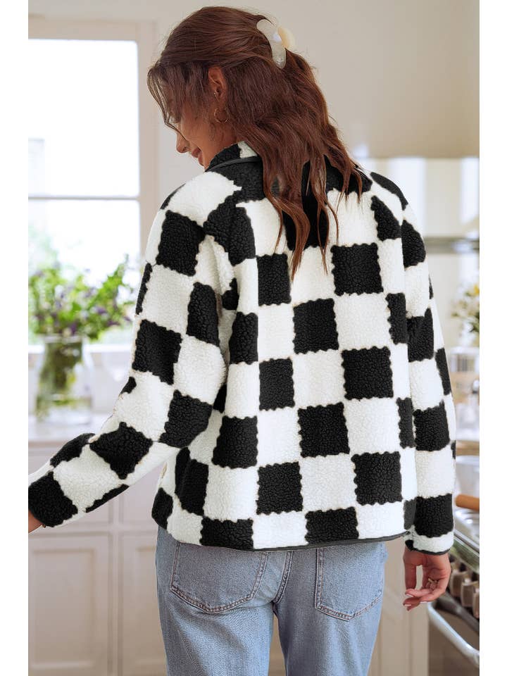 1 the Woman - Wholesale Jacket - Women's - Checked Snap Button Sherpa Jacket