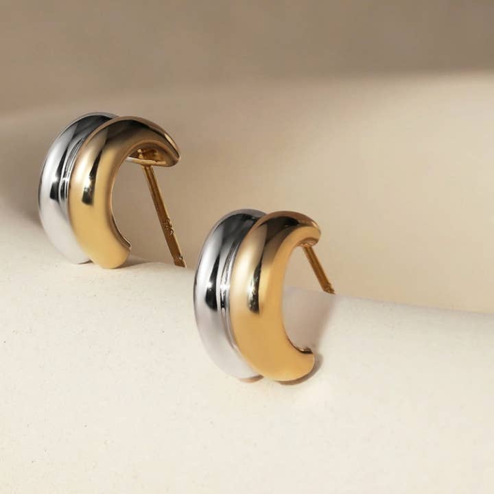 HoopLa - Wholesale Hoop Earrings - Puffy Double Hoop Earring- steel Gold HuggieÂ