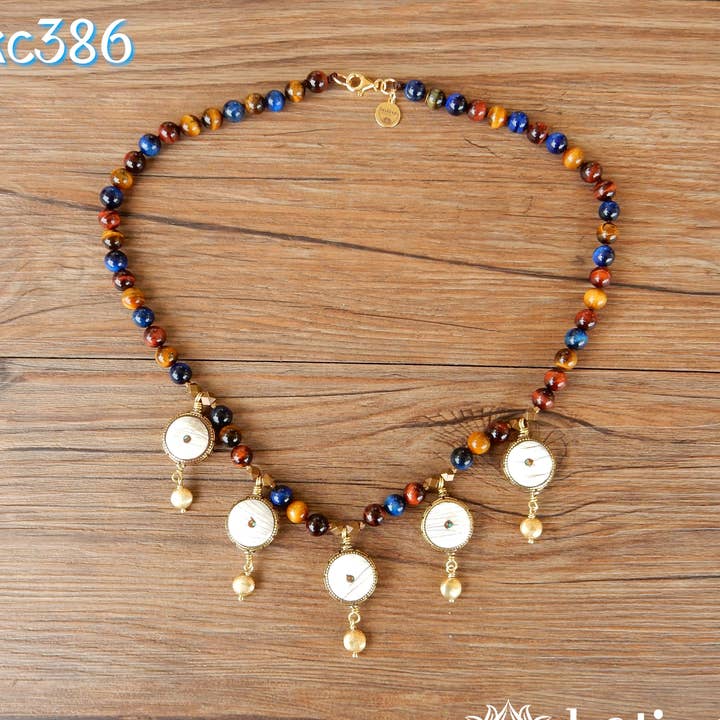 Fossil Tibetan pearl choker, multicolor tiger eye for wholesale by Katima Gioielli