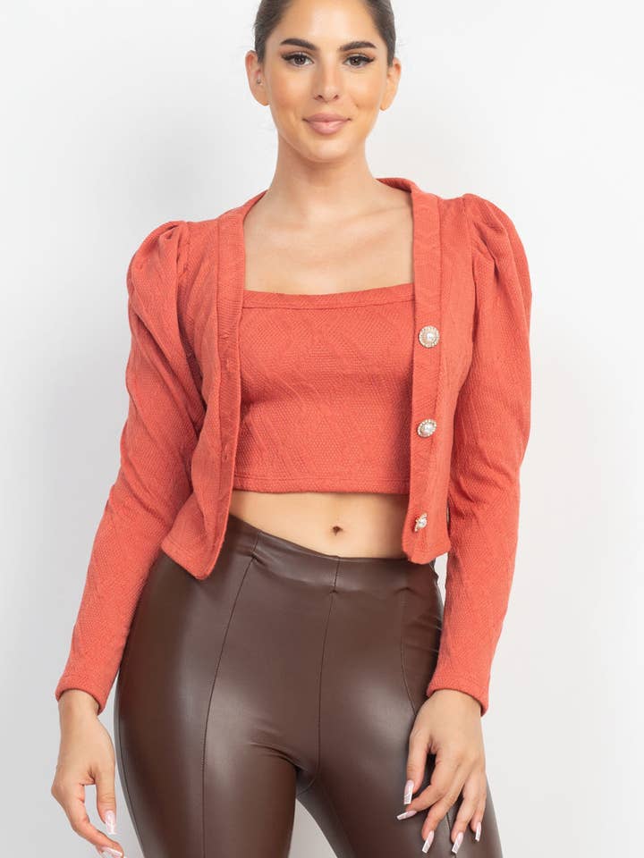 Geometric Cami Puff Sleeves Blazer Top Set for wholesale by Fashion Quality Boutik