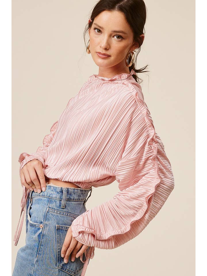 Rose Quartz Long Sleeve Pleated Blouse with Ruffle Accents for wholesale on Faire2