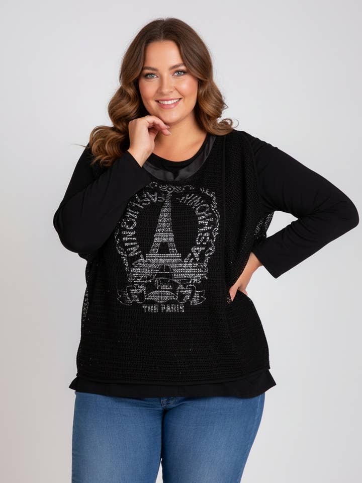 Set med tryckt t-shirt + stor stickad väst (A553) för wholesale av Pomme Rouge Paris